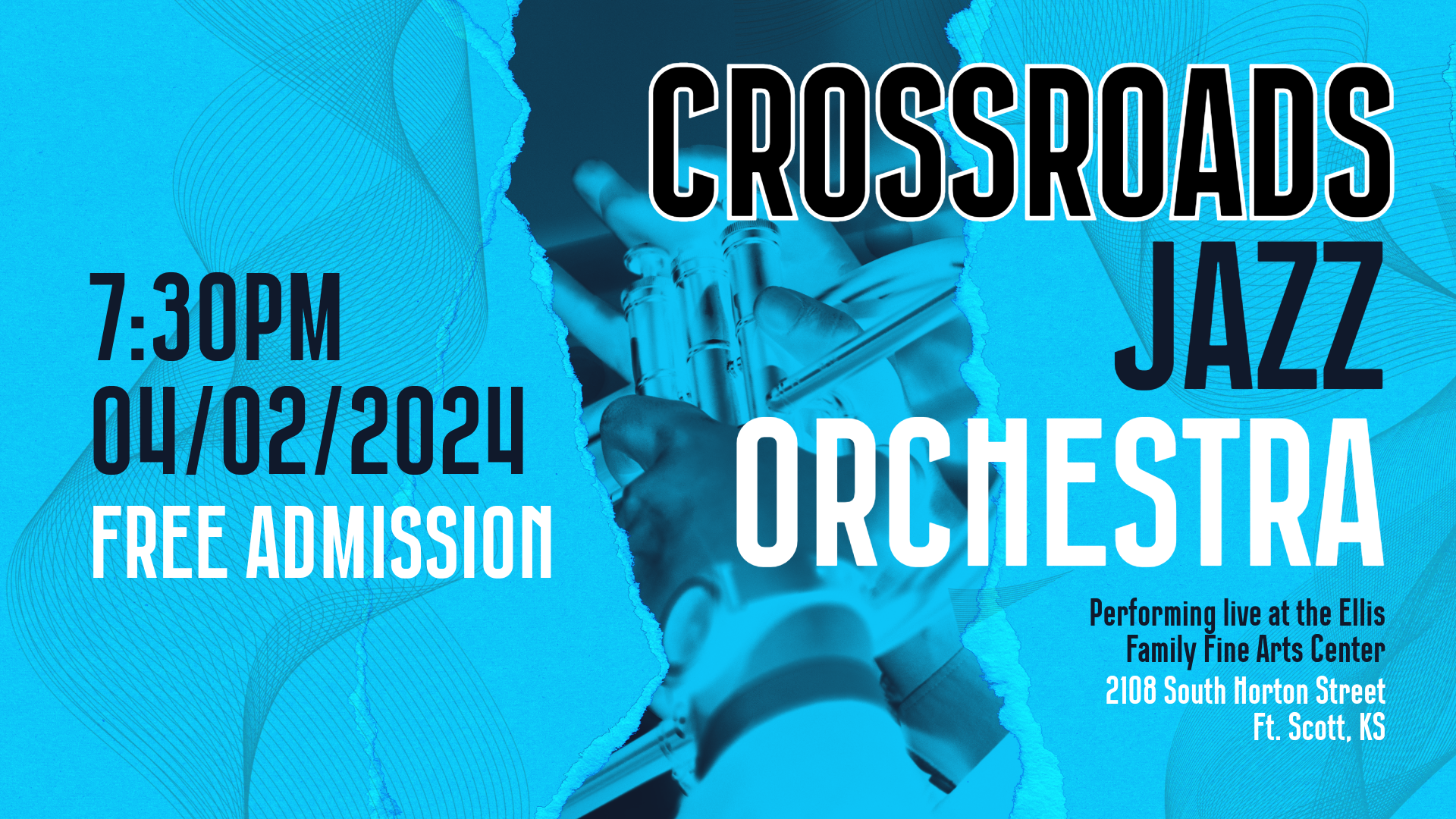 CROSSROADS JAZZ ORCHESTRA. 7:30 PM, 4/2/2124. Free Admission. Performing live at the Ellis Family Fine Arts Center