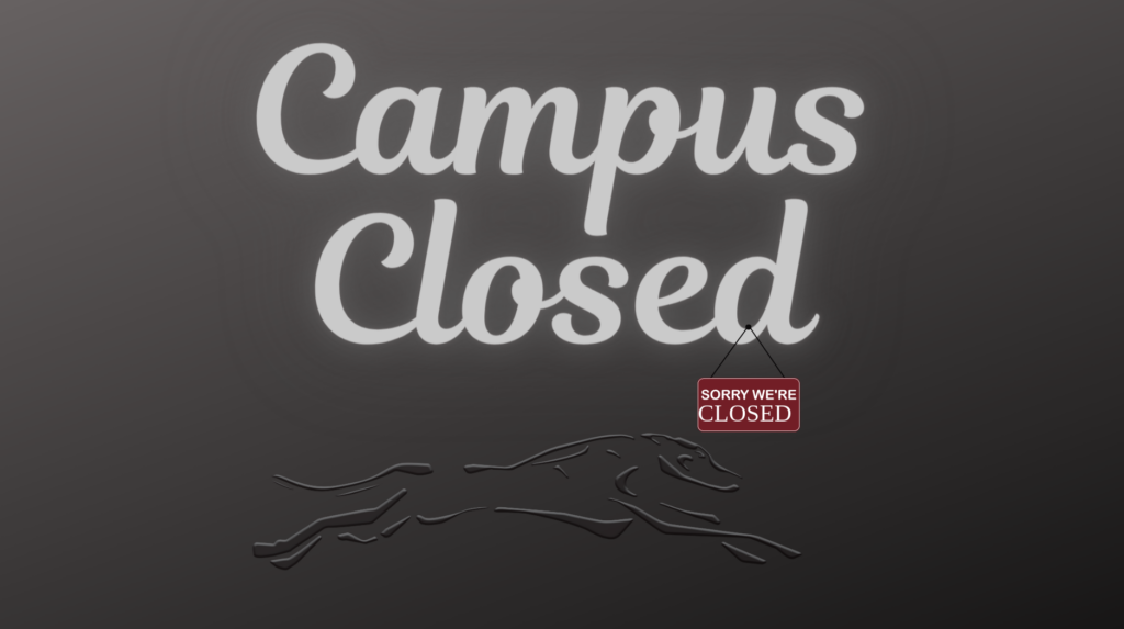 Graphic Saying Campus Closed with a "Sorry we are closed" sign dangling from it and the FSCC Greyhound logo at the bottom