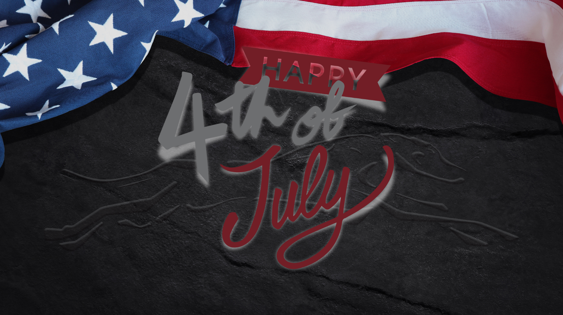 An image with an American Flag in the background and the words "Happy 4th of July". The greyhound logo is in the back.