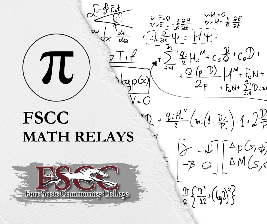 An image with the FSCC logo and a splash of gray color underneath it. The Pi symbol and the text: "FSCC MATH RELAYS" with a background of a complicated math equation.