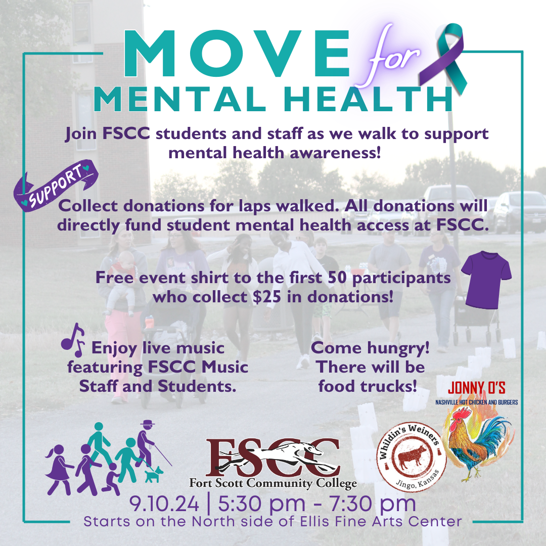 Join us tonight from 5:30 – 7:30 as we Move for Mental Health! We will meet on the north side of Ellis on the patio before we start our walk. • Enjoy live music from the talented duo, Jericho Jones & Chris Goddard! • Grab some good food from Jonny O's Nashville Hot Chicken and Burgers, and Whildin's Wieners! • Chat with healthcare providers from CHC and SEK Mental Health! • Plus, ask us how you can get a 988 shirt graciously donated by Key Apparel! Let’s come together for a night of great company, music, and food as we move for mental health!