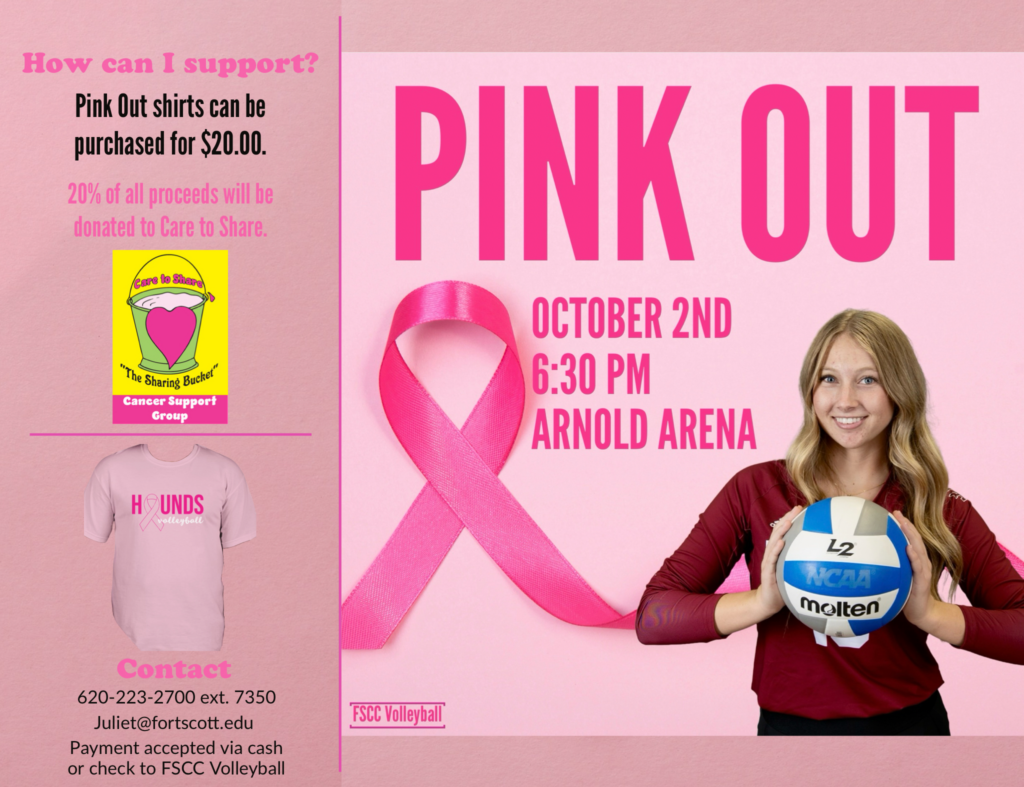 Image with an FSCC Volleyball player holding a ball and the headline saying "Pink Out, October 2nd, 6:30 PM, Arnold Arena. With a pink ribbon. On the left side, the verbiage: "How can I support? Pink out shirts can be purchased for $20.00. 20% of all proceeds will be donated to Care to Share." with the Care to Share "Sharing Bucket" logo for Cancer support group. Below that is a pink shirt that says Hounds Volleyball on it and "Contact 620-223-2700 ext. 7350. juliet@fortscott.edu. Payment accepted via cash or check to FSCC Volleyball."