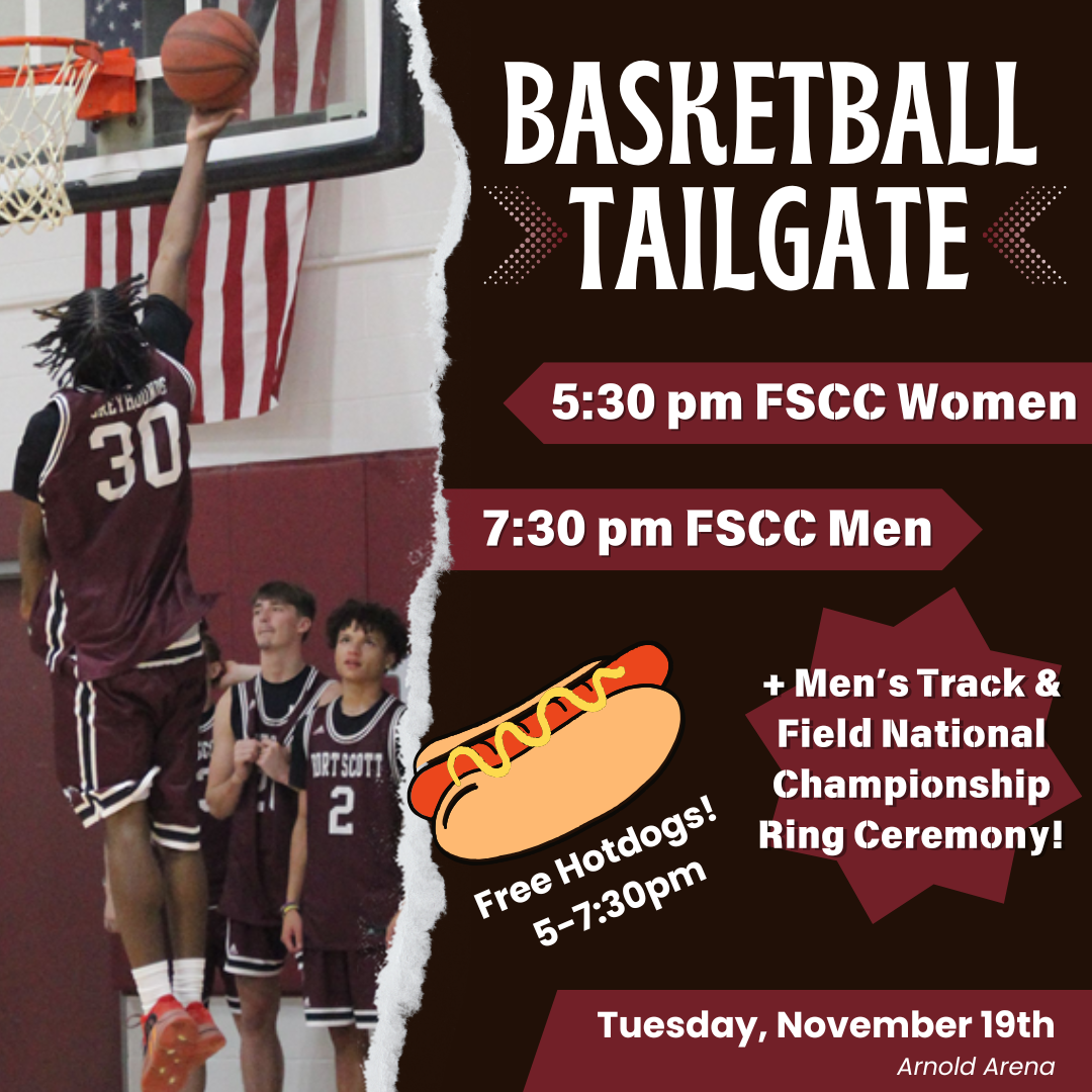 FSCC Basketball Tailgate. 5:30pm, FSCC Women's Game/ 7:30pm, FSCC Men's Game. Free hotdogs from 5-7:30pm with a graphic of a hotdog. Tuesday, Nov. 19th Arnold Arena. Plus Men's Track and Field National Championship Ring Ceremony!