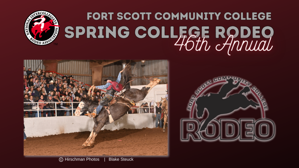 FSCC Spring College Rodeo 46th Annul Graphic with NIRA and FSCC Rodeo logos and photo of Blake Steuck on a bucking horse. Copyright Hirschman Photos below the photo.