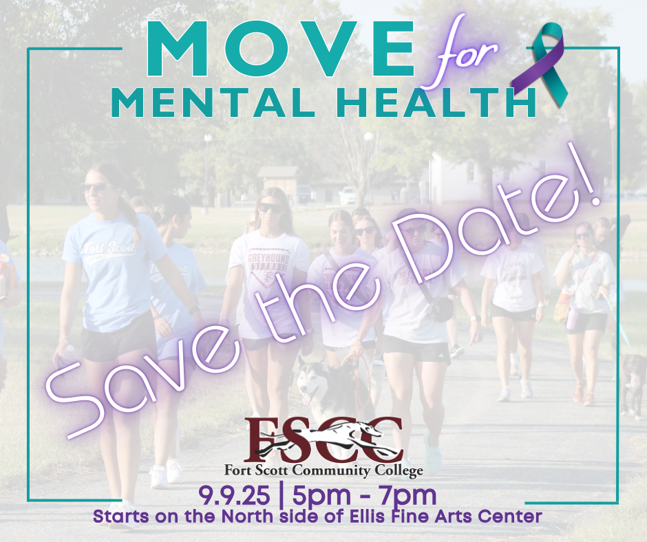 Graphic saying: "Mover for Mental Health. Save the Date!. 9.9.23 from 5-7pm. Starts on the NE side of Ellis Fine Arts Center." All text is in teal and purple. Also has the FSCC logo and a photo of students walking in the background on the lake trail.