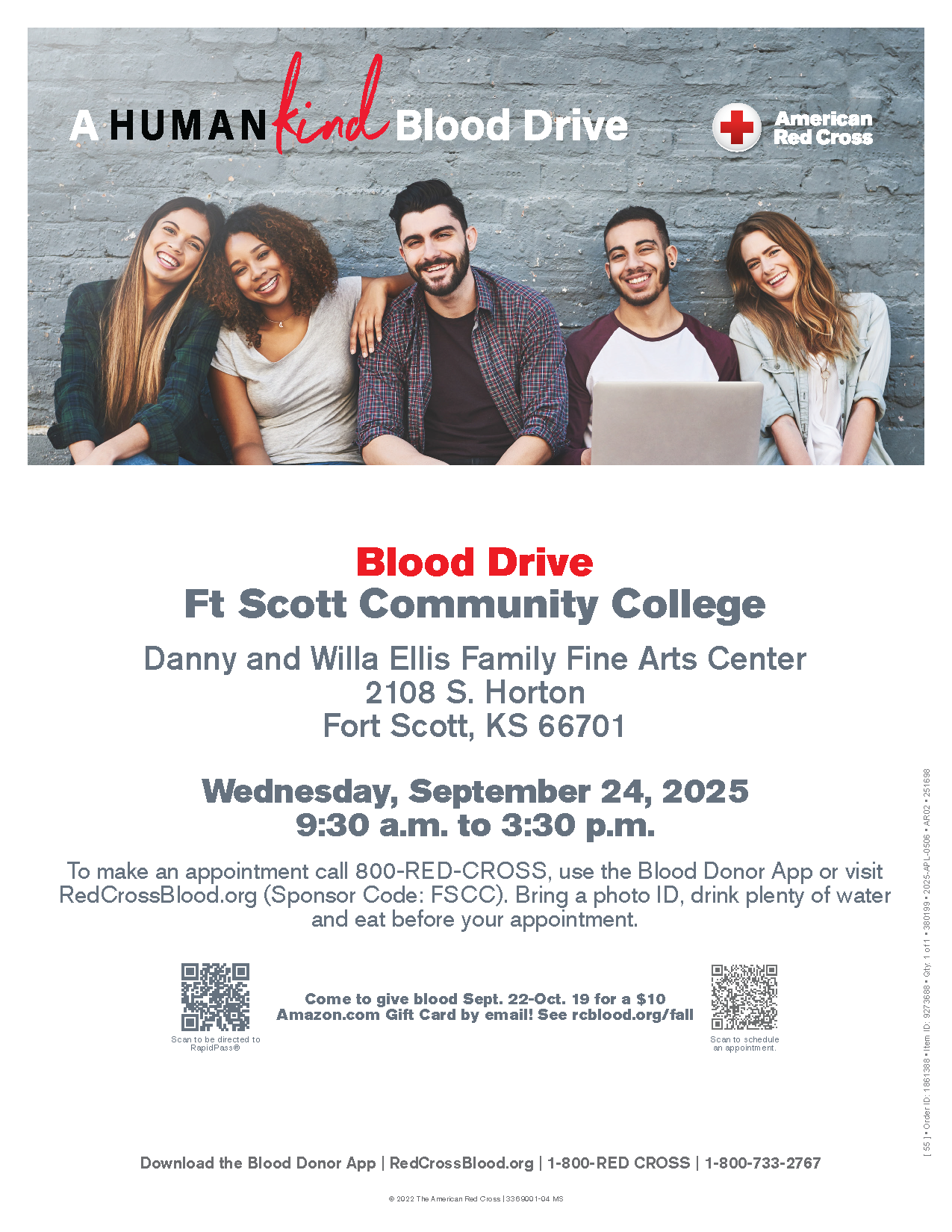 American Red Cross blood drive poster for Fort Scott Community College. Event will be Wednesday, September 24, 2025, from 9:30 a.m. to 3:30 p.m. at the Danny and Willa Ellis Family Fine Arts Center, 2108 S. Horton, Fort Scott, Kansas. Appointments can be made at RedCrossBlood.org with sponsor code FSCC or by calling 1-800-RED-CROSS. Donors who give blood between September 22 and October 19 will receive a $10 Amazon gift card by email.