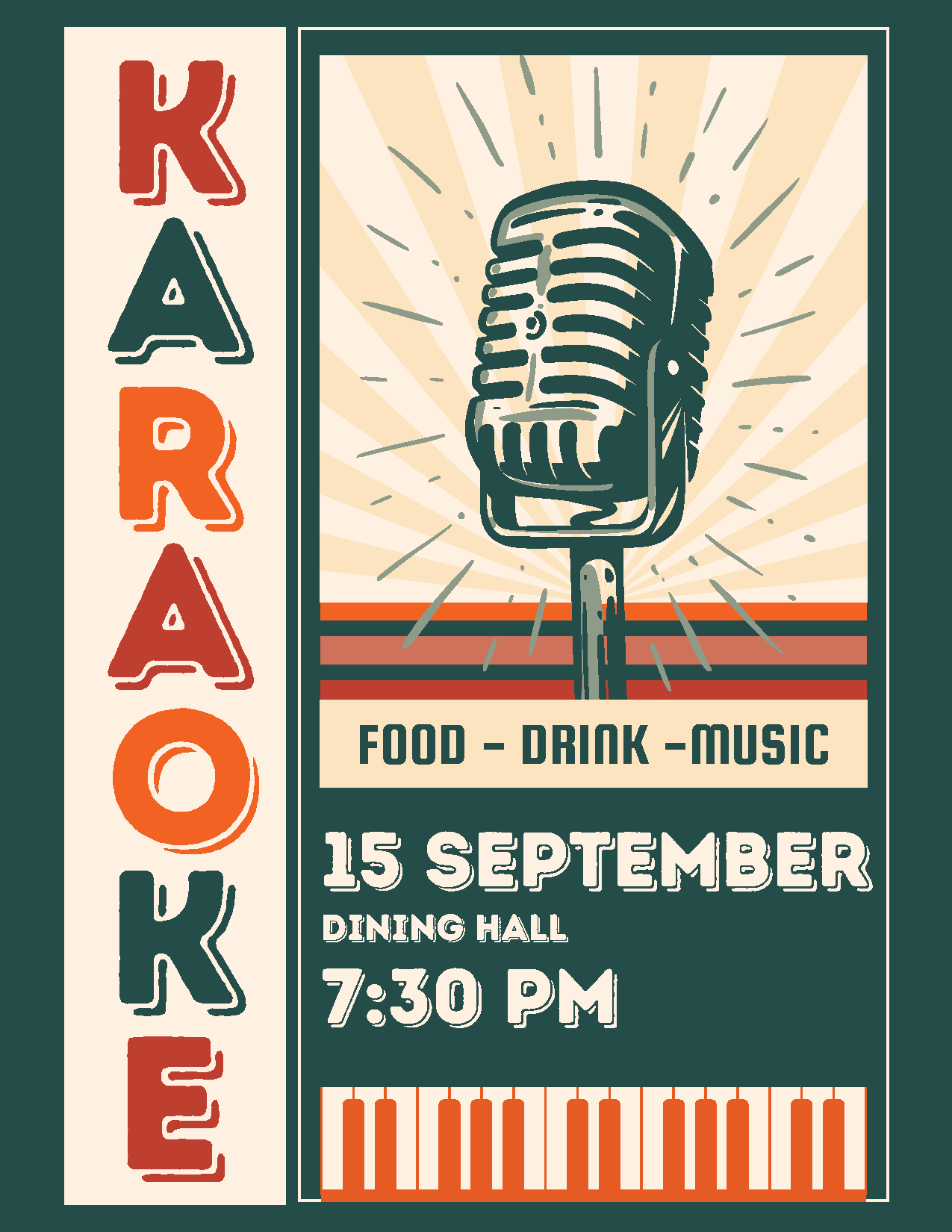 Karaoke Flyer with microphone. Food-drink-music. 15 Sept, 7:30PM in the Dining Hall