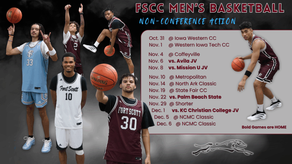 FSCC men's basketball non-conference schedule promotional graphic. The image shows five players in Fort Scott Community College basketball uniforms posing or playing with basketballs, set against a smoky dark background. At the top, the text 'FSCC Men's Basketball Non-Conference Action' is displayed, with the game dates and opponents listed beside the players. Bolded games indicate home matches, and the FSCC Greyhound mascot logo appears at the bottom of the graphic.