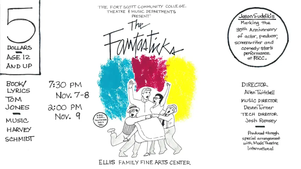 Poster for the Fort Scott Community College Theatre and Music Departments’ production of The Fantasticks. The center illustration shows four hand-drawn characters celebrating in front of teal, red, and yellow paint splashes. Text details include showtimes—7:30 PM on November 7–8 and 2:00 PM on November 9—at the Ellis Family Fine Arts Center. Admission is five dollars for ages twelve and up. Credits list book and lyrics by Tom Jones, music by Harvey Schmidt, director Allen Twitchell, music director Devon Turner, and tech director Josh Ramsey. A circular note mentions Jason Sudeikis marking the 30th anniversary of his performance at FSCC.