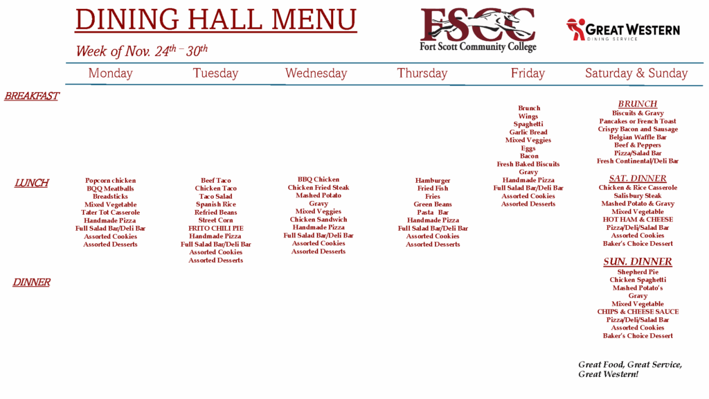 Dining hall menu for Fort Scott Community College for the week of November 24–30. Includes daily lunch and dinner options, plus special brunch and dinner for Saturday and Sunday.

Monday Lunch
Popcorn chicken, BBQ meatballs, breadsticks, mixed vegetable, tater tot casserole, handmade pizza, full salad bar/deli bar, assorted cookies, assorted desserts.

Tuesday Lunch
Beef taco, chicken taco, taco salad, Spanish rice, refried beans, street corn, Frito chili pie, handmade pizza, full salad bar/deli bar, assorted cookies, assorted desserts.

Wednesday Lunch
BBQ chicken, chicken fried steak, mashed potato, gravy, mixed veggies, chicken sandwich, handmade pizza, full salad bar/deli bar, assorted cookies, assorted desserts.

Thursday Lunch
Hamburger, fried fish, fries, green beans, pasta bar, handmade pizza, full salad bar/deli bar, assorted cookies, assorted desserts.

Friday Lunch
Brunch menu: wings, spaghetti, garlic bread, mixed veggies, eggs, bacon, fresh baked biscuits, gravy, handmade pizza, full salad bar/deli bar, assorted cookies, assorted desserts.

Saturday & Sunday Brunch
Biscuits & gravy, pancakes or French toast, crispy bacon and sausage, Belgian waffle bar, beef & peppers, pizza/salad bar, fresh continental/deli bar.

Saturday Dinner
Chicken & rice casserole, Salisbury steak, mashed potato & gravy, mixed vegetable, hot ham & cheese, pizza/deli/salad bar, assorted cookies, baker's choice dessert.

Sunday Dinner
Shepherd pie, chicken spaghetti, mashed potato's, gravy, mixed vegetable, chips & cheese sauce, pizza/deli/salad bar, assorted cookies, baker's choice dessert.