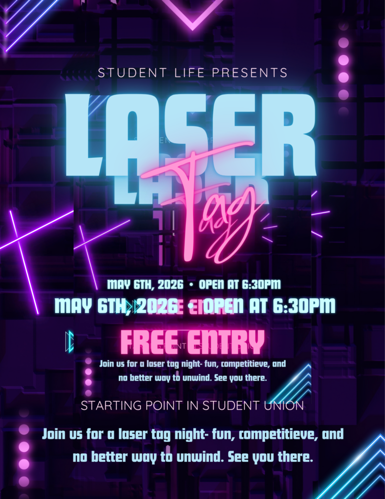 A digital event flyer for "Student Life Presents: Laser Tag," featuring a futuristic neon aesthetic with purple and blue glowing geometric lines against a dark, tech-inspired background. Key Event Details: Event: Laser Tag Night Date: May 6th, 2026 Time: Doors open at 6:30 PM Cost: Free Entry Location: Starting point in the Student Union Description: A fun, competitive night designed for students to unwind.