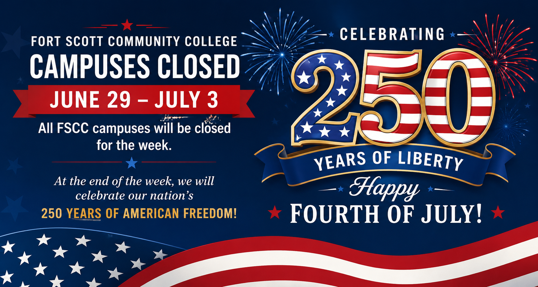 Patriotic Fort Scott Community College graphic announcing all campuses will be closed June 29 through July 3. The graphic features red, white, and blue colors, fireworks, American flag elements, and large “250 Years of Liberty” text celebrating America’s 250 years of freedom and Independence Day.