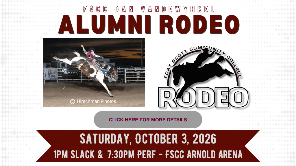 FSCC Dan Vandewynkel Alumni Rodeo graphic featuring a bronc rider and Fort Scott Community College Rodeo logo. Event is Saturday, October 3, 2026, with slack at 1 p.m. and performance at 7:30 p.m. at FSCC Arnold Arena.